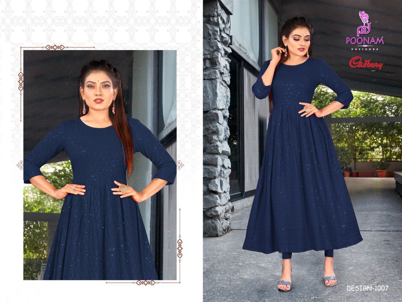 Poonam Gown Cadbury Rayon Lucknowi Ethnic Wear Fancy Anarklai Kurti Collection